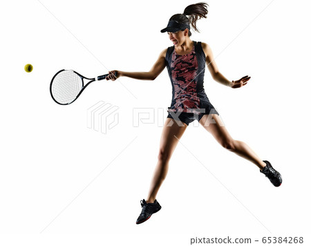 young tennis player asian woman isolated white brackground silhouette 65384268