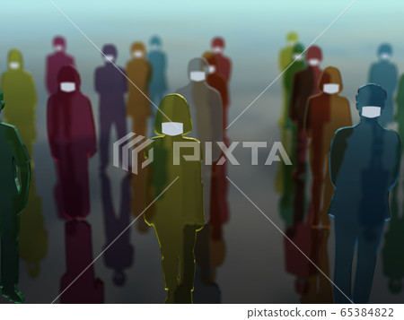 CG three-dimensional illustration Silhouette of men and women lined up in masks with a distance Social distance Infection prevention CG three-dimensional illustration Silhouette of men and women lined up in masks with a distance Social distance Infection prevention 65384822
