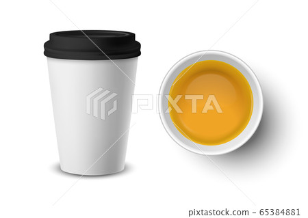 Vector 3d Realistic White Paper or Plastic Disposable Tea Cup with Green Tea Closeup Isolated on White Background. Design Template, Clipart. Front and Top View Vector 3d Realistic White Paper or Plastic Disposable Tea Cup with Green Tea Closeup Isolated on White Background. Design Template, Clipart. Front and Top View 65384881
