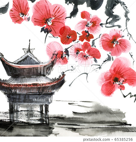 Pagoda and blossom tree Pagoda and blossom tree 65385256