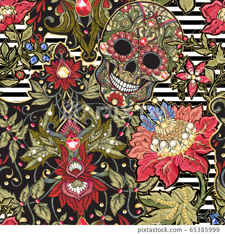 Seamless pattern, background with patch, embroidery imitation. Seamless pattern, background with patch, embroidery imitation. 65385999
