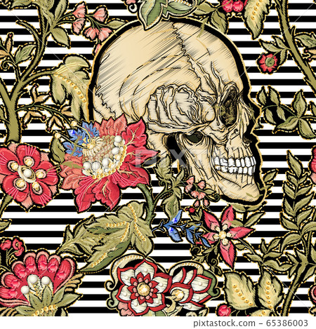 Seamless pattern, background with patch, embroidery imitation. Seamless pattern, background with patch, embroidery imitation. 65386003
