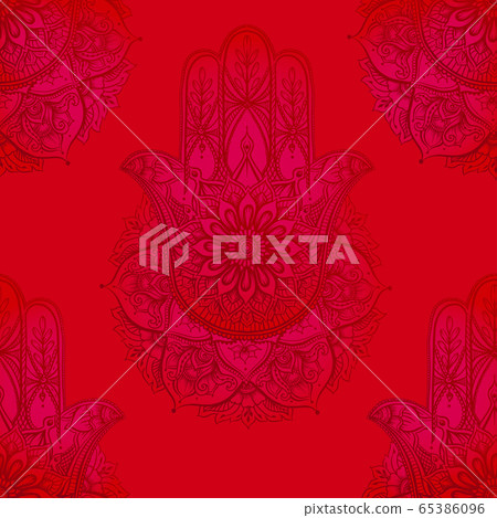 Seamless pattern with ornate hand drawn hamsa. 65386096