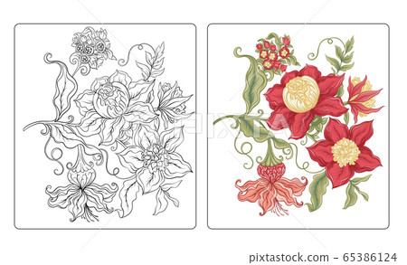 Fantasy flowers in retro, vintage, jacobean embroidery style. 65386124