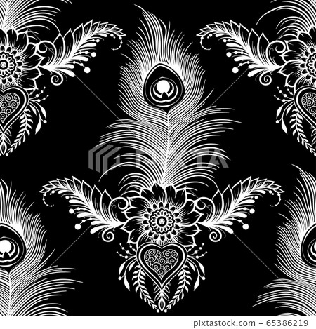 Peacock feathers mehendi, traditional indian henna floral ornament. 65386219