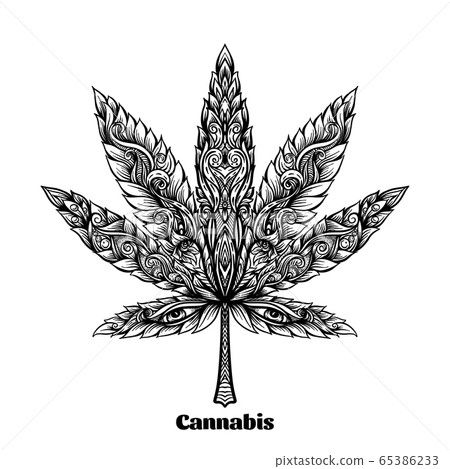 Cannabis leaf decorated with original modern pattern. 65386233