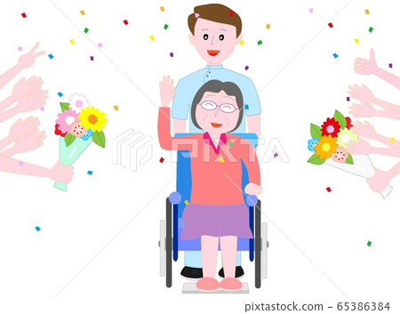Give a festive bouquet to the elderly in a wheelchair. Give a festive bouquet to the elderly in a wheelchair. 65386384