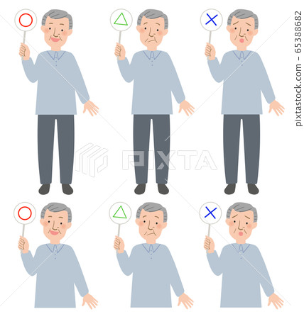 A vector illustration of a grandpa answering a quiz with a ◯ △ ✖ tag A vector illustration of a grandpa answering a quiz with a ◯ △ ✖ tag 65388682