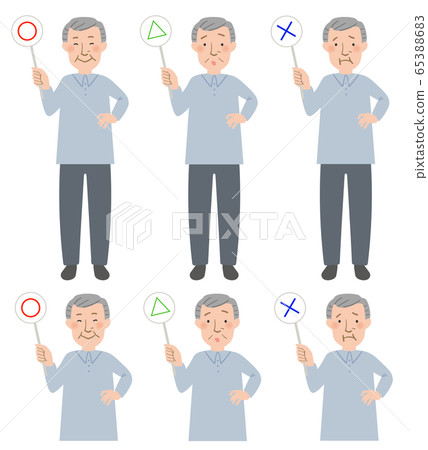 A vector illustration of a grandpa answering a quiz with a ◯ △ ✖ tag 65388683