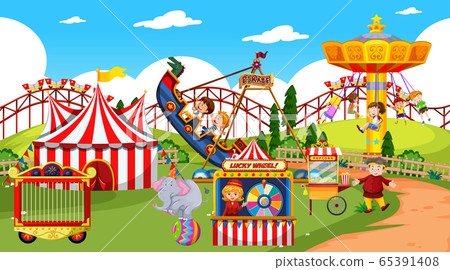 Themepark scene with many rides and happy children - Stock Illustration ...