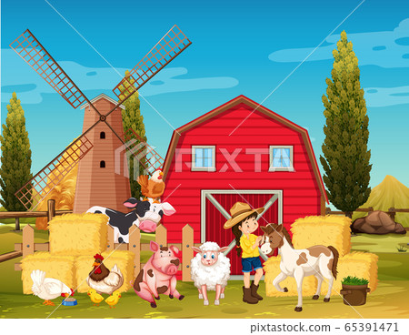 Farm scene with windmill and animals on the farm 65391471