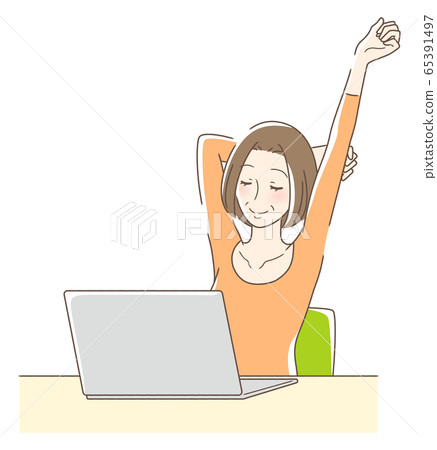 A woman stretching in front of the computer A woman stretching in front of the computer 65391497