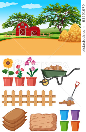 Farm scene with barns and other farming items 65391679