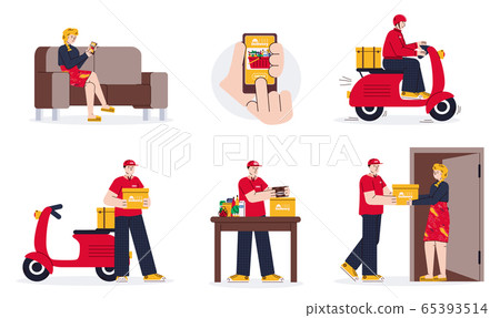 Food fast delivery and online store shipping set vector illustration isolated. Food fast delivery and online store shipping set vector illustration isolated. 65393514