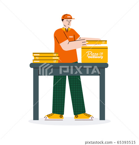 Courier man assembling pizza delivery order into one box pack Courier man assembling pizza delivery order into one box pack 65393515