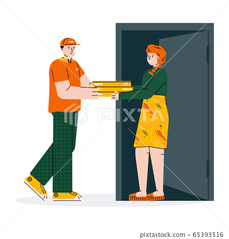 Delivery man providing pizza to client, cartoon vector illustration isolated. Delivery man providing pizza to client, cartoon vector illustration isolated. 65393516