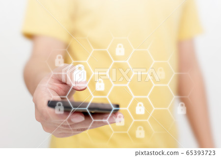 Close-up image of male hand using mobile smart phone with icon graphic cyber security network Close-up image of male hand using mobile smart phone with icon graphic cyber security network 65393723