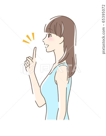 Side profile of woman smiling and pointing finger Side profile of woman smiling and pointing finger 65395072