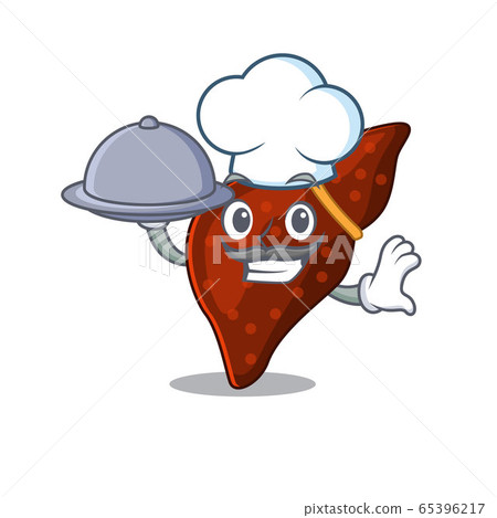 Human cirrhosis liver chef cartoon character serving food on tray 65396217