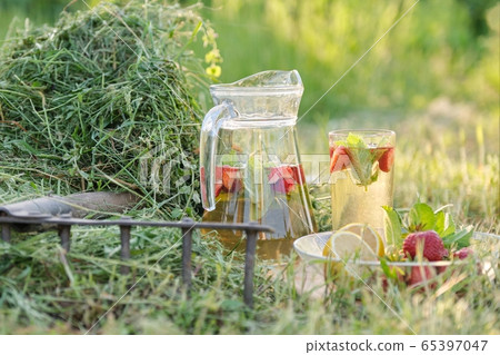Summer refreshing natural homemade drinks, jug and glass of herbal tea with strawberries mint lemon on the grass Summer refreshing natural homemade drinks, jug and glass of herbal tea with strawberries mint lemon on the grass 65397047