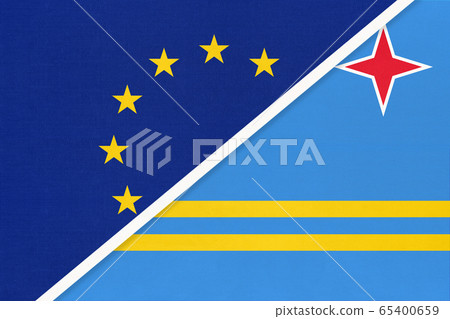 European Union or EU vs Aruba national flag from textile European Union or EU vs Aruba national flag from textile 65400659