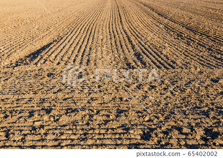 Furrows row pattern in a plowed field prepared for 65402002