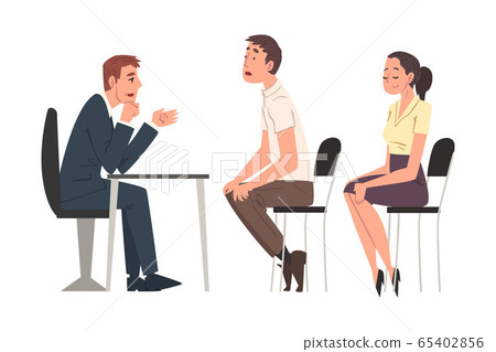 HR Managers Interviewing Candidates, Young Man and Woman Having Job Interview at Headhunting Agency, Business Meeting, Recruitment and Employment Process Vector Illustration HR Managers Interviewing Candidates, Young Man and Woman Having Job Interview at Headhunting Agency, Business Meeting, Recruitment and Employment Process Vector Illustration 65402856
