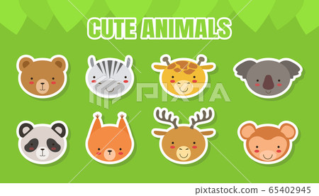 Cute Baby Animals Stickers Collection, Head of Bear, Zebra, Giraffe, Koala, Panda, Fox, Deer, Monkey Vector Illustration Cute Baby Animals Stickers Collection, Head of Bear, Zebra, Giraffe, Koala, Panda, Fox, Deer, Monkey Vector Illustration 65402945