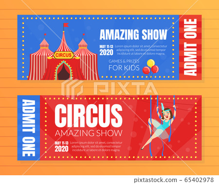 Circus Show Horizontal Tickets Set, Amazing Show for Kids Template Vector Illustration 65402978