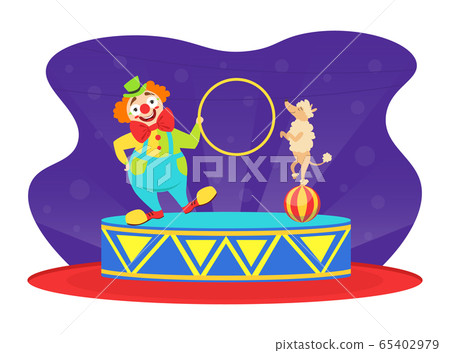 Cute Funny Clown Performing on Stage with Poodle Dog Jumping through Hoop Vector Illustration 65402979