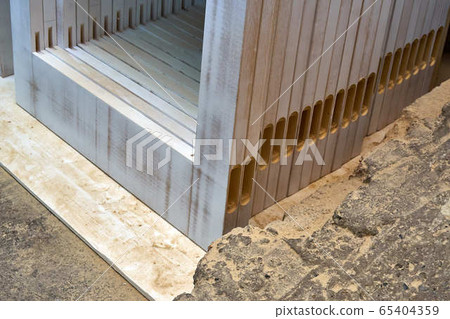 Joinery. Stacked door leafs. Wood door manufacturing process. Furniture manufacture. 65404359