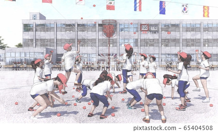 School athletic meet, ball case, audience, building, illustration 2 School athletic meet, ball case, audience, building, illustration 2 65404508