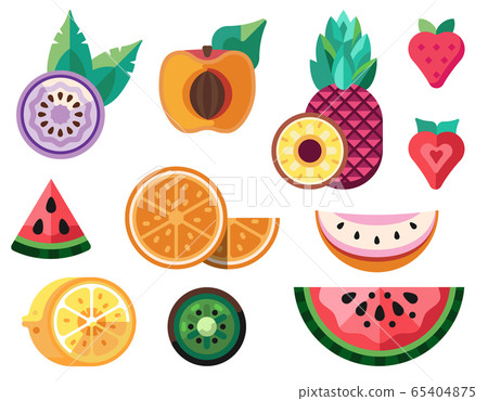 Flat Sliced Exotic Fruits and Tropical Berries Flat Sliced Exotic Fruits and Tropical Berries 65404875