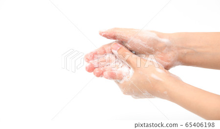 Woman use soap and washing hands isolated on white Woman use soap and washing hands isolated on white 65406198
