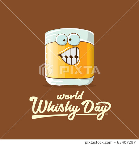 World Whisky Day banner with vector funny cartoon smiling whiskey glass character isolated on brown backgound. whiskey day vector concept illustration. funky hipster alcohol character label 65407297