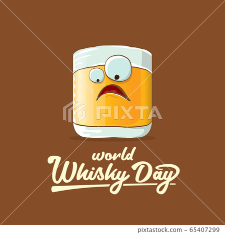 World Whisky Day banner with vector funny cartoon smiling whiskey glass character isolated on brown backgound. whiskey day vector concept illustration. funky hipster alcohol character label World Whisky Day banner with vector funny cartoon smiling whiskey glass character isolated on brown backgound. whiskey day vector concept illustration. funky hipster alcohol character label 65407299