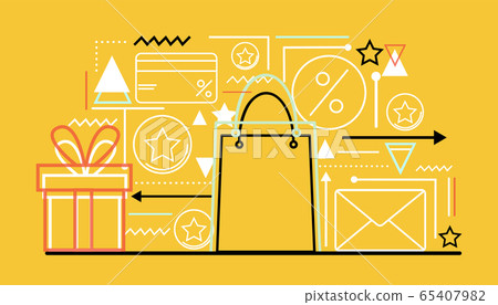 Customer service. Loyalty gift program items on orange background, linear vector illustration. Panorama 65407982