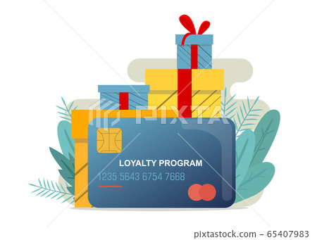 Loyalty card and pile of gift boxes on white background, isolated vector illustration in flat style 65407983
