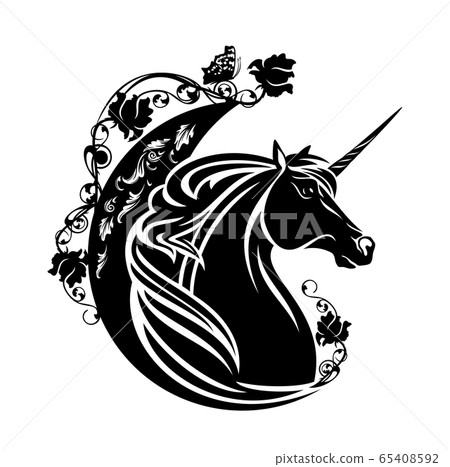 unicorn horse with crescent moon, rose flowers and butterfly black and white vector design unicorn horse with crescent moon, rose flowers and butterfly black and white vector design 65408592