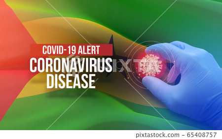 COVID-19 alert, coronavirus disease - letter typography text. Medical virus molecular concept with flag of Sao Tome and Principe. 3D illustration. 65408757