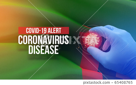 COVID-19 alert, coronavirus disease - letter typography text. Medical virus molecular concept with flag of Zambia. 3D illustration. COVID-19 alert, coronavirus disease - letter typography text. Medical virus molecular concept with flag of Zambia. 3D illustration. 65408765