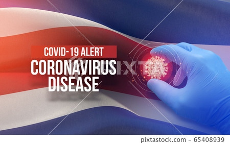 COVID-19 alert, coronavirus disease - letter typography text. Medical virus molecular concept with flag of Costa Rica. Pandemic 3D illustration. 65408939