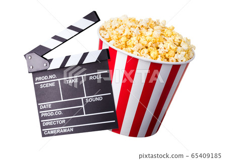 Flying popcorn and film clapper board isolated on white background Flying popcorn and film clapper board isolated on white background 65409185