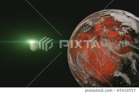 Colorful picture represents Mars and its moon. 65410557
