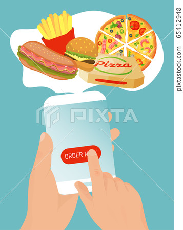 Online fast food order, internet shopping foodstuff, hand hold mobile phone flat vector illustration. Modern social distancing. 65412948