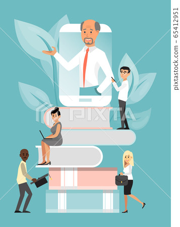 Online education, book stack with tiny character male female isolated on blue, flat vector illustration. Training business school. 65412951