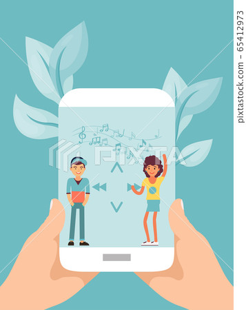 Online mobile music, hand hold mobile gadget, tiny character people dance flat vector illustration. Modern musical accompaniment. Online mobile music, hand hold mobile gadget, tiny character people dance flat vector illustration. Modern musical accompaniment. 65412973