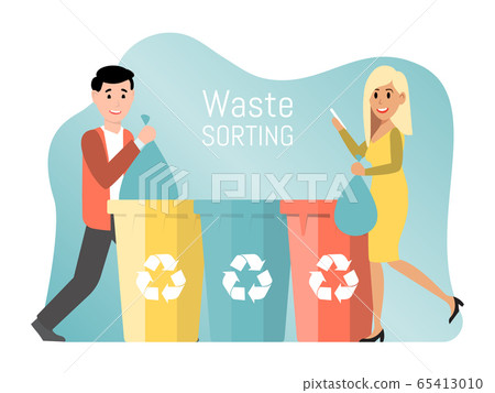 People recycle plastic paper and glass, city concept flat vector illustration on white background. Character waste sorting cleaning garbage. People recycle plastic paper and glass, city concept flat vector illustration on white background. Character waste sorting cleaning garbage. 65413010