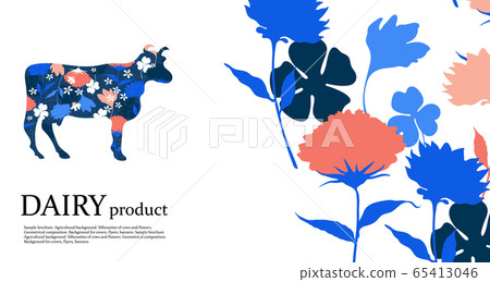 Horizontal agricultural background. Silhouettes of cow and flowers. 65413046