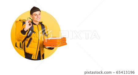 Emotions of deliveryman isolated on bright bicolor background with geometric style. Flyer with copyspace. Emotions of deliveryman isolated on bright bicolor background with geometric style. Flyer with copyspace. 65413196